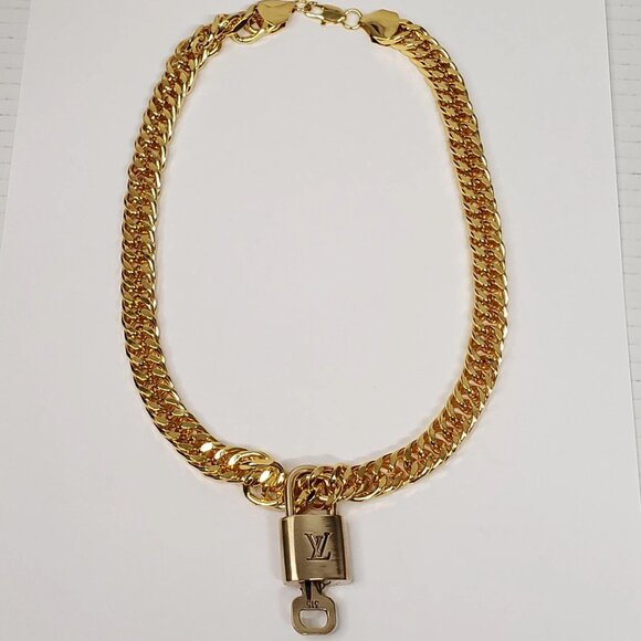 Authentic Louis Vuitton Padlock w/unbranded Cuban Style 18k Gold Plated Chain - Picture 10 of 15